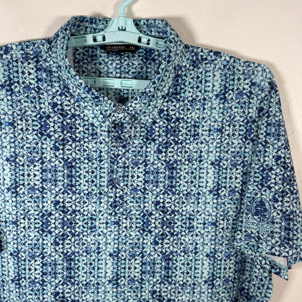 7 Diamonds Polo Shirt Mens 2XL Blue Golf Performance Stretch Geometric Torren